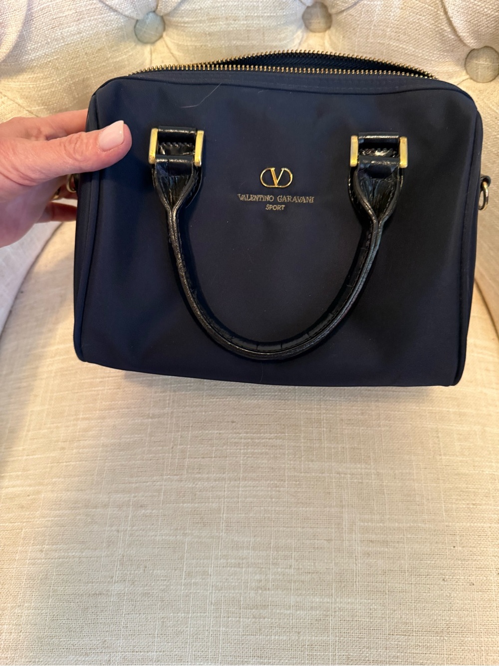 Valentino Garavani Navy Top-Handle Satchel with Gold Hardware